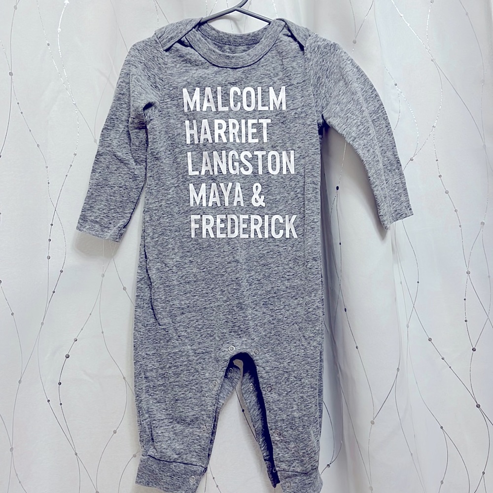 EUC Well Worn Black historical figures long-sleeve romper, grey stone wash